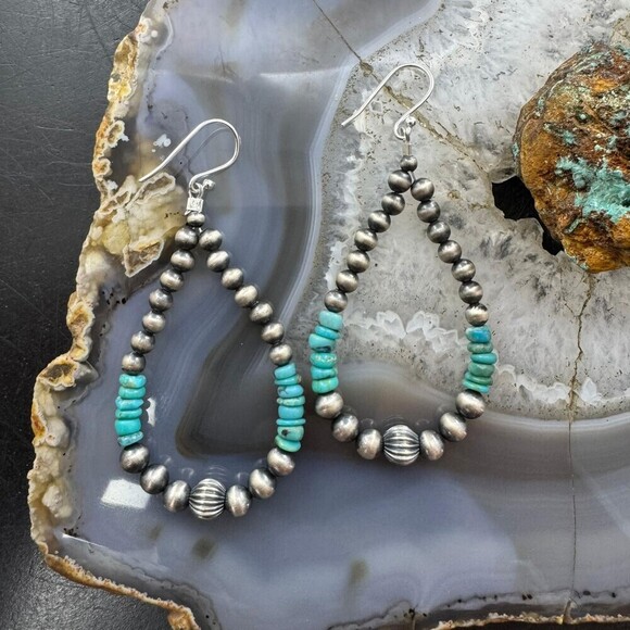 Sterling 4-6.5mm Navajo Pearl Southwester Style&4mm Turquoise Bead Hoop Earrings - Picture 2 of 10